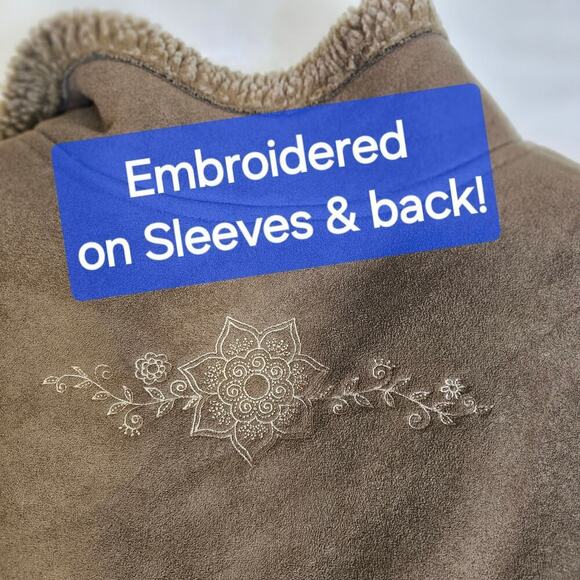 LL Bean Vintage SzM faux suede brown Y2K Floral Embroidered on sleeves n back. - Picture 7 of 16